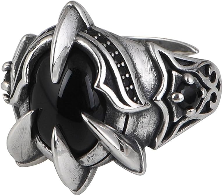 Punk 925 Sterling Silver Eagle Claw Ring with Black Cubic Zirconia for Men Women Open Adjustable