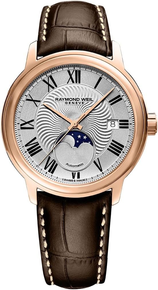 Raymond Weil Maestro Men's Automatic Watch, Moon Phase, Silver Dial, Roman Numerals, Stainless Steel with Rose Gold PVD Plating, Brown Leather Strap, 39.5 mm (Model: 2239-PC5-00659)