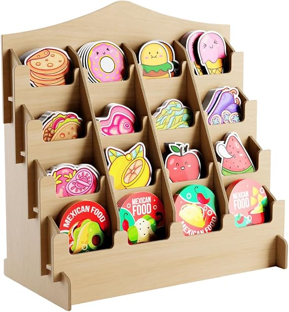 HOTCAN Sticker Display Stand with Curved Pockets for Big 4'' Stickers | Brochure Holder with Customizable Space | Display Stands for Vendor Events | Ideal for Small Business Vendors (Natural, Medium)