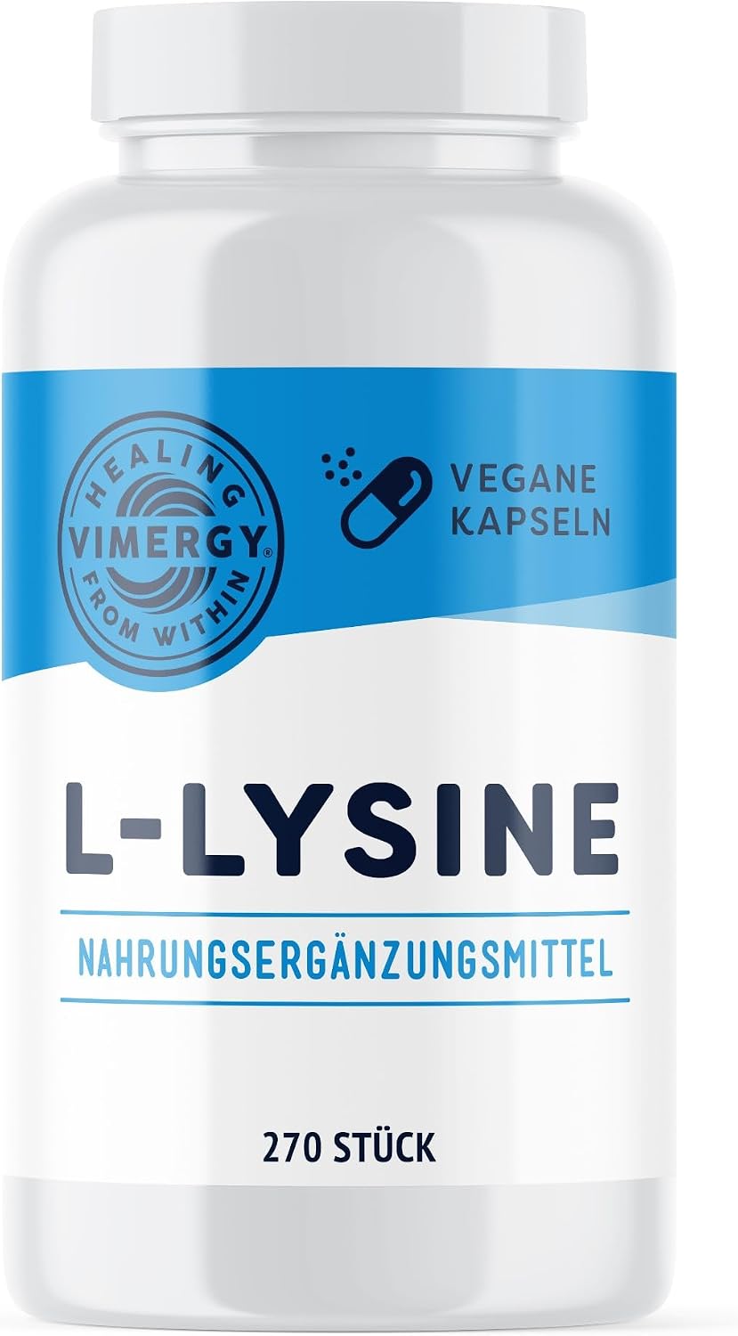 Vimergy L-Lysine 500 mg Kapseln 270 Einnahmen – L-Lysin Aminosäuren Kapseln – Vegane Kapsel ohne Gelstoffe – Gentechnik- und Glutenfrei keine Gelatine Koscher (270 Stück)