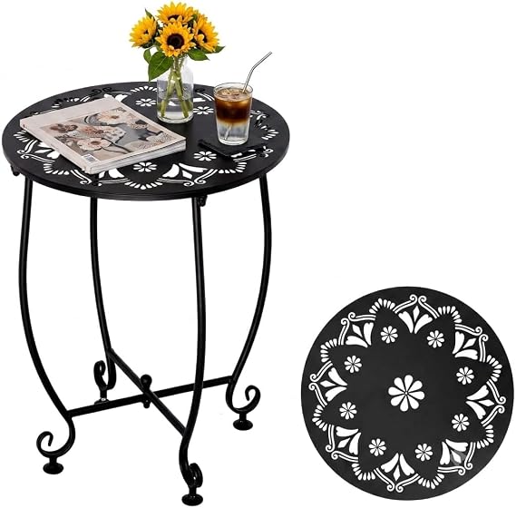 Small Outdoor Side Tables - 14 Inch Metal Patio Side Table, Anti-Rust Waterproof Outdoor Round End Table for Patio Porch Garden Yard Balcony, Black (Style A)