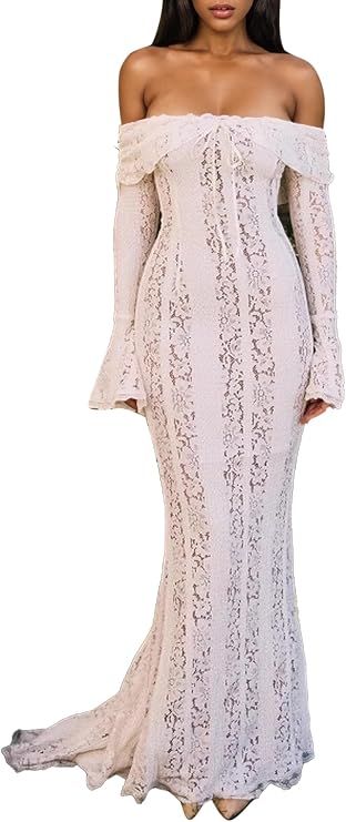 Women Elegant Off Shoulder Lace Bodycon Maxi Dress Bell Sleeve Mesh Sheer Mermaid Wedding Party Dress