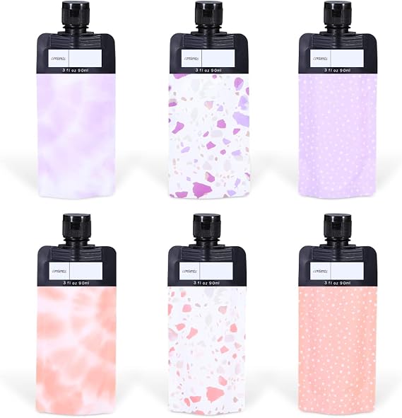 ASEVAT 3 oz 6pack Leak Proof Empty Squeeze Pouches Refillable Travel Size Containers Liquid Pouch Cosmetic Container TSA Approved Bag