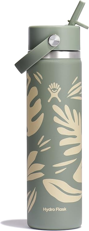 Hydro Flask Water Bottle - Insulated Stainless Steel - Wide Mouth Flex Straw Lid, Spill Proof, Leak Proof, Refillable, 24 oz Botanical Bliss Agave