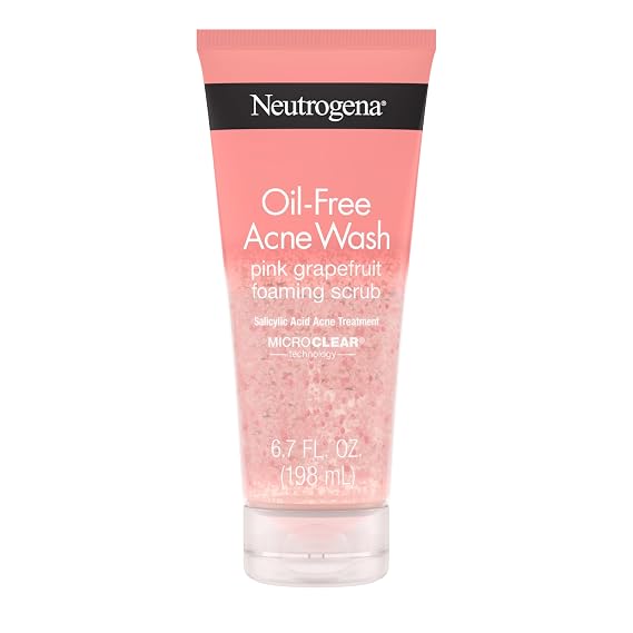 Neutrogena Oil Free Pink Grapefruit Acne Face Scrub, 6.7 oz | 2% Salicylic Acid Cleanse & Vitamin C, Gentle Exfoliating Foaming Cleanser, Acne-Prone Skin