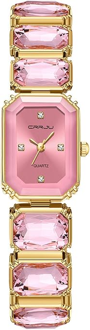 CRRJU Women Fashion Luxury Wristwatches, Ladies Squartz Crystal Quartz Movement Watch, Pink Dial with Gold Band
