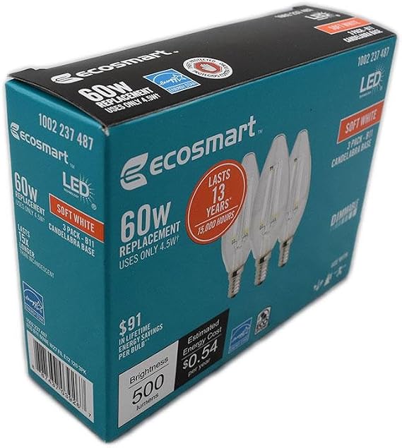Ecosmart 60W Equivalent Soft White B11 Filament E12 Energy Star and Dimmable LED Light Bulb (3-Pack)