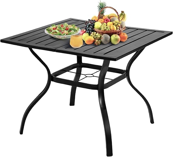 VINGLI 36" Square Patio Table for 4, Metal Outdoor Dining Table with Umbrella Hole, All-Weather Steel Patio Dining Table Outdoor Table for Lawn, Garden, Backyard, Black