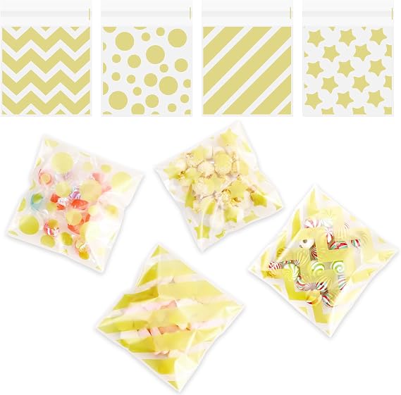 Gold Cellophane Treat Bags, 100Pcs Cookie Bags with Seal, Plastic Polka Dot Stripes Self Sealing Cookie Candy Gift Goodie Snack Bag for Birthday Halloween Christmas Party Favor Supplies 3.9 X 4.7 Inch