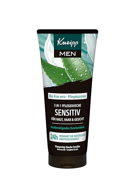 Kneipp MEN 3-in-1 Sensitive Shower Gel - For Skin Hair & Face - Organic Aloe Vera - Skin Soothing Shower Experience - 200 ml