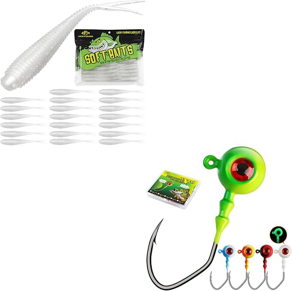 LUCKYFISHING Round Jig Heads 3/8oz(10g)-25pcs & Forked Tail Soft Plastic Baits Pearl White 4inch-20pcs