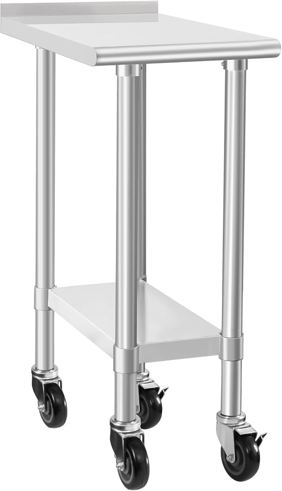 HARDURA Stainless Steel Mobile Work Table 2415 Inches,2" Backsplash | with Wheels, Prep & Work Metal Table, Heavy Duty NSF, with Casters