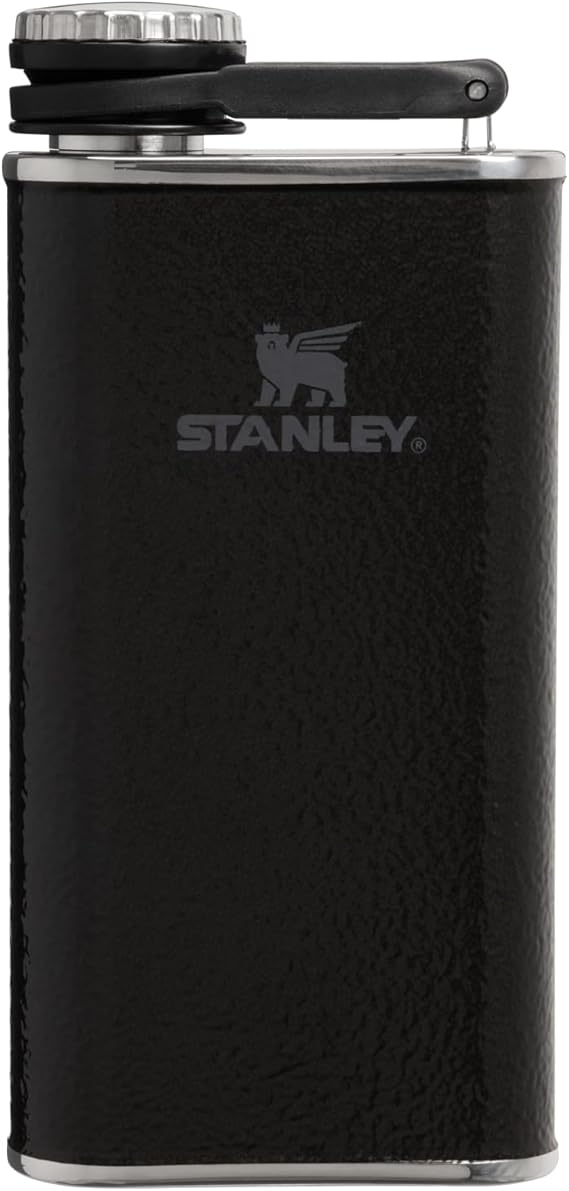 Stanley Classic Easy Fill Wide Mouth Flask 8 oz | Leakproof Hip Flask | Hinge Connected Never Lose Cap | Insulated Stainless Steel Liquor Container | BPA-Free | Hammertone Black