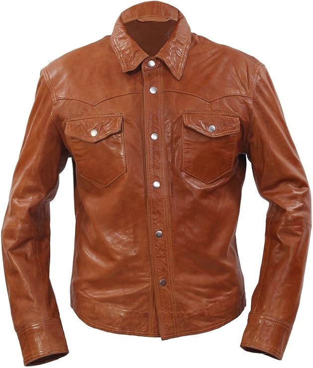 Mens Retro Denim Style Slim Fit Casual Tan Leather Shirt Jeans Jacket