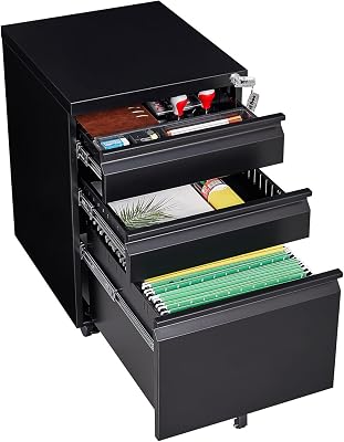 Waqiv Black Locking File Cabinet - Under Desk, Rolling 3 Drawer Office Filing Storage for LegalLetter A4 Size, Small Mobile Metal Cabinet on Wheels, Fully Assembled Except Casters