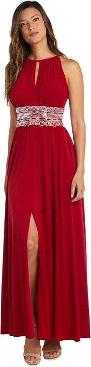 R&M Richards Women's Halter Cutaway Beaded Waistband Slit Maxi Dress for Wedding Guest, Cocktail Party & Evening Occasions