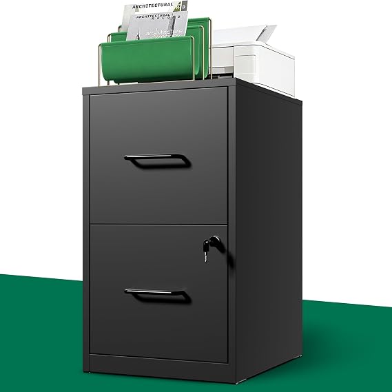 2 Drawer File Cabinet with Lock, Metal Vertical Filing Cabinet, File Cabinets for Home Office, Locking File Cabinet Hanging Files for A4/ Legal/Letter, Require Assembly, Black