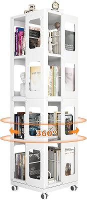 kavey 4 Tier Rotating Bookshelf Tower, Steel 360 Revolving Bookcase with Wheels, Multifunctional Floor Standing Storage Display Shelf, Narrow Bookshelves for Bedroom, Office White