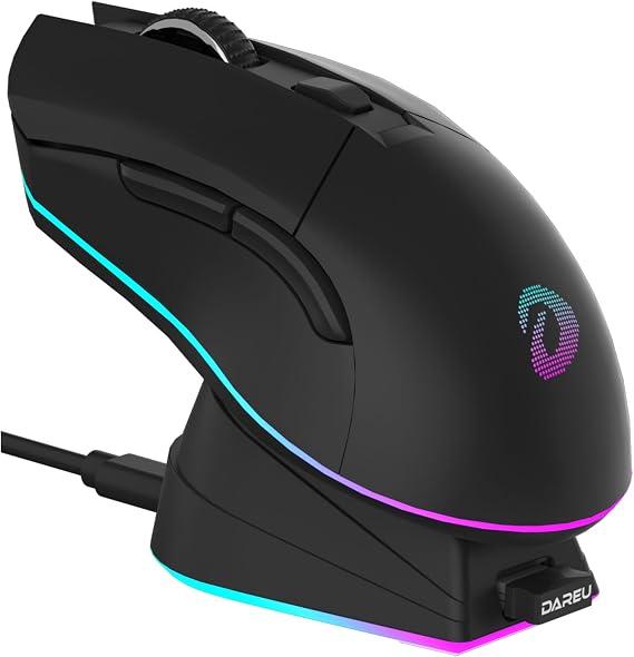DAREU EM901X Wireless Gaming Mouse with Charging Dock Rechargeable RGB,12K DPI,6 Programmable Buttons High-Precision Sensor [300IPS] [1000Hz] for PC Notebook Mac