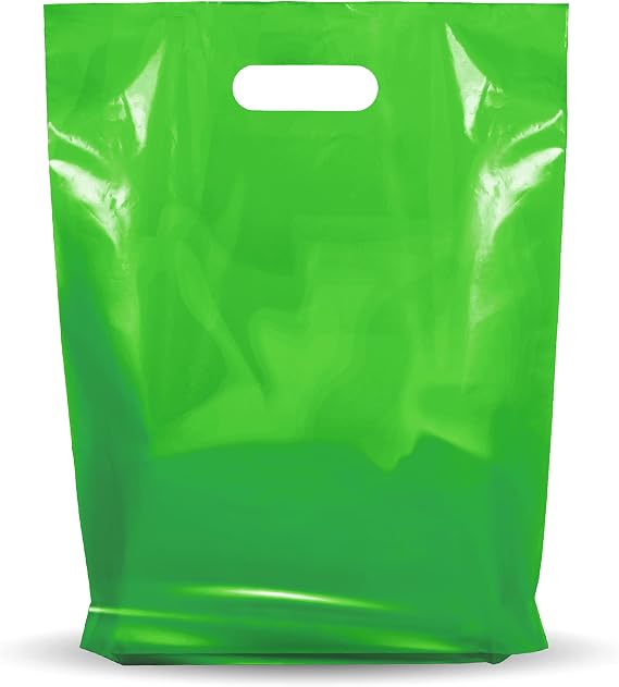 100 Pack 9" x 12" with 1.25 mil Thick Green Merchandise Plastic Glossy Retail Bags | Die Cut Handles | Perfect for Shopping, Party Favors, Birthdays, Children Parties | Color Green | 100% Recyclable