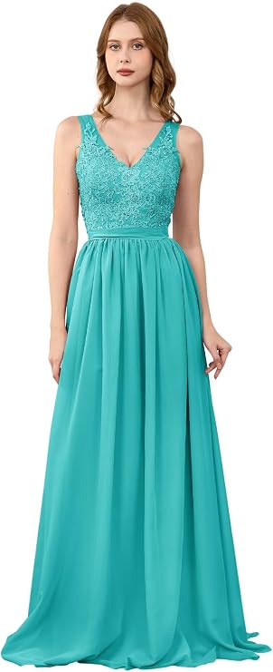 Lace Appliques Chiffon Bridesmaid Dresses for Women Long V Neck Prom Dress Aline Formal Evening Party Gowns