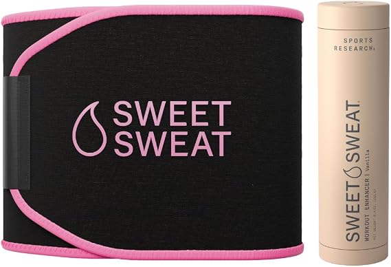 Sports Research Waist Trimmer Pack - Sweet Sweat Waist Trimmer (Black/Pink, X-Large) & Vanilla Workout Enhancer Roll-On Gel (6.4oz)