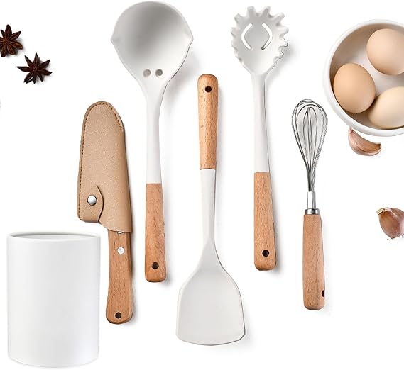 6pcs White Mini Silicone Kitchen Utensils Set, Non-stick Kitchenware Spatula Set with Holder, Cooking Tools Accessories. Include Turner, Soup Spoon, Pasta Server, Whisk, Fruit Knife.