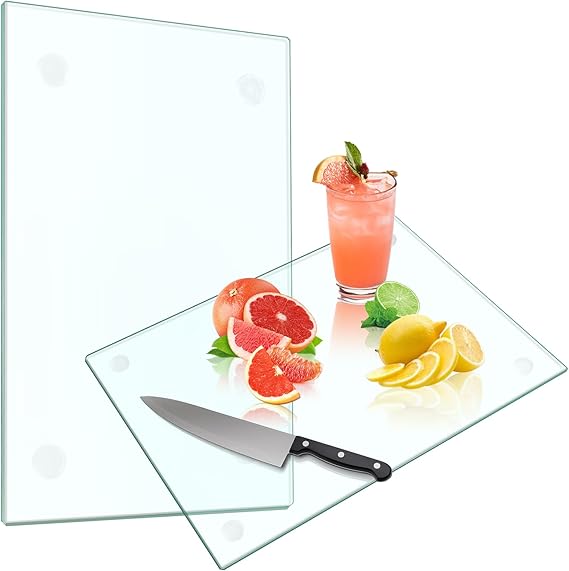 Tempered Glass Cutting Board for Kitchen, Glass Chopping Board for Countertop, Clear Cutting Board with Rubber Feet, Shatter-Resistant, Heat Resistant, Easy to Clean (2PCS - 12"x16" & 12"x8")