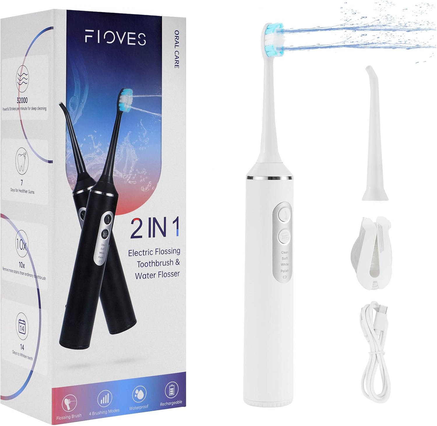 FLOVES Rechargeable Electric Flossing Toothbrush, Tankless Sonic Toothbrush Water Flosser Combo, Cordless Teeth Cleaning Kit with 4 Brushing Modes for Sensitive Teeth, Portable for Travel and Home