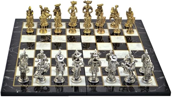 Gifthome, Metal Chess Set/Set; Battal,Spanish, Bright, Floor.Marble Patterned Chessboard