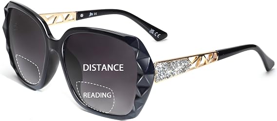 JM Bifocal Reading Sunglasses for Women Fashion Oversized Square Sun Readers Outdoor Reading Glasses UV400 Protection Black +1.0