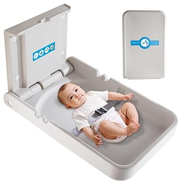 Baby Changing Station Wall Mounted,Baby Changing Table with Safrty Strap,HDPE Fold-Down Diaper Changing Station Table,Foldable Diaper Changing Unit for Commercial Bathroom Gray-Vertical