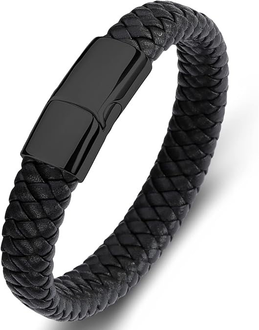 Leather Bracelet for Men Braided Cuff Wristband Stainless Steel Clasp Mens Bracelets