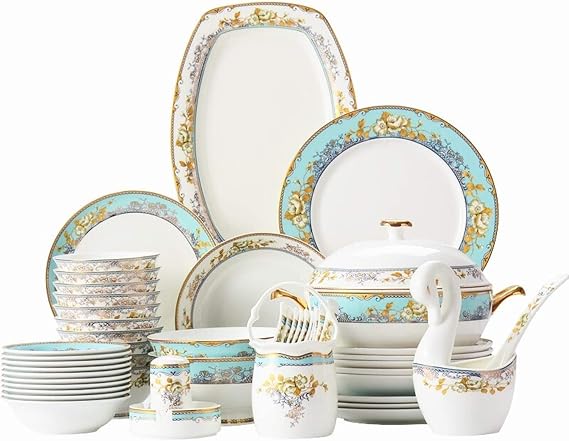 60-Piece Kitchen Dinnerware Set,Ceramic Combi-Set Porcelain Tableware Set - Bowls Plates/Dishes/Bowls/Service for 12, Size,