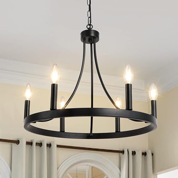 LynPon 20" Black Wagon Wheel Chandelier, 6-Light Farmhouse Round Chandelier