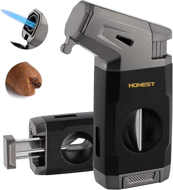 HONEST Torch Cigar Lighter with Windproof Jet Flame, Built-in V Cigar Cutter, Gift for Christmas, Refillable Butane Torch Lighters, All-in-one Cool Lighters for Smoking, Cigars (Black)