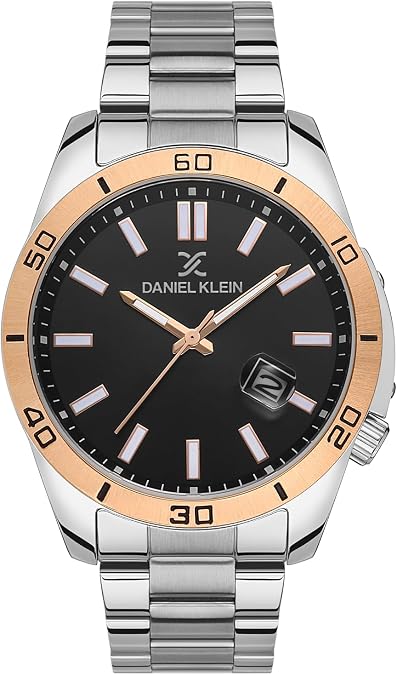Daniel Klein, Mens Watch, Silver Watch for Men - Wrist Watches for Men, Rose Gold Bezel Timepiece, Analog Display Wrist Watch