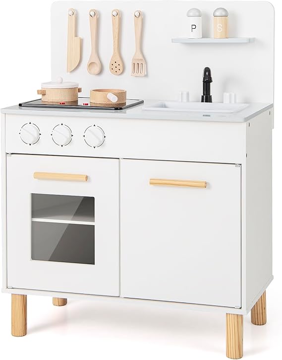 HONEY JOY Kids Kitchen Playset, Wooden Toy Kitchen Set with Lights, Cookware, Faucet, Sink, Stove, Oven, Storage Cabinet, Pretend Play Kitchen for Toddlers, Gift for Boys Girls (White)