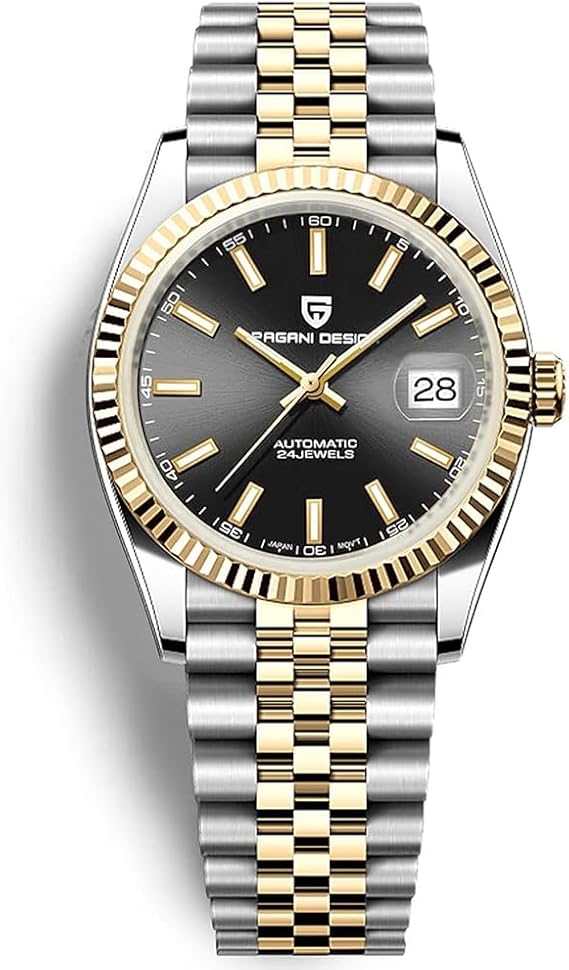 Pagani Design Luxury Men's Automatic Mechanical Watch Japan NH35 Movement Stainless Steel AR Synthetic Sapphire 100m Waterproof Elegant Dress Sports Watches Date (Black-Gold)