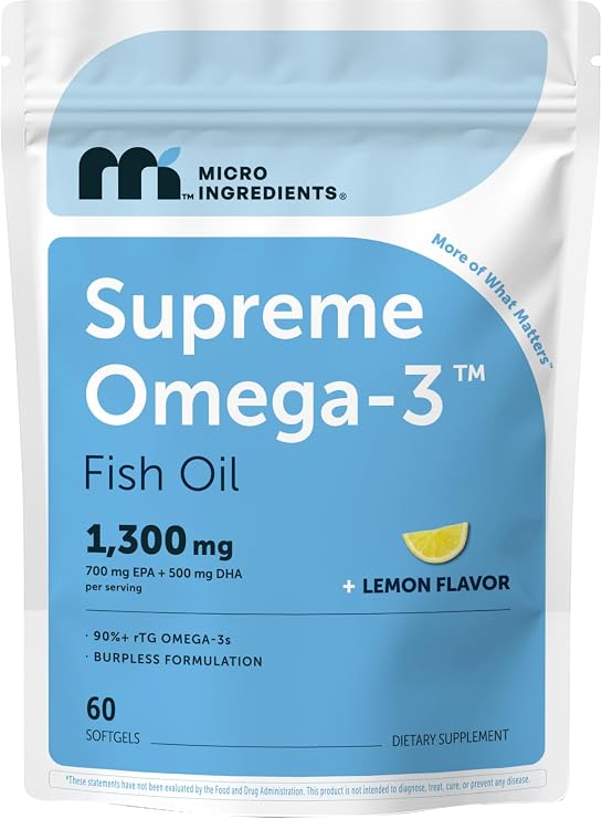 Micro Ingredients Supreme Omega-3 Fish Oil w/Ultra High EPA & DHA, Burpless Softgels | rTG Omega-3 with Vitamin D3 | Wild-Caught Cold Deep-Sea Fish | Lemon Flavor, Easy to Swallow, 60ct