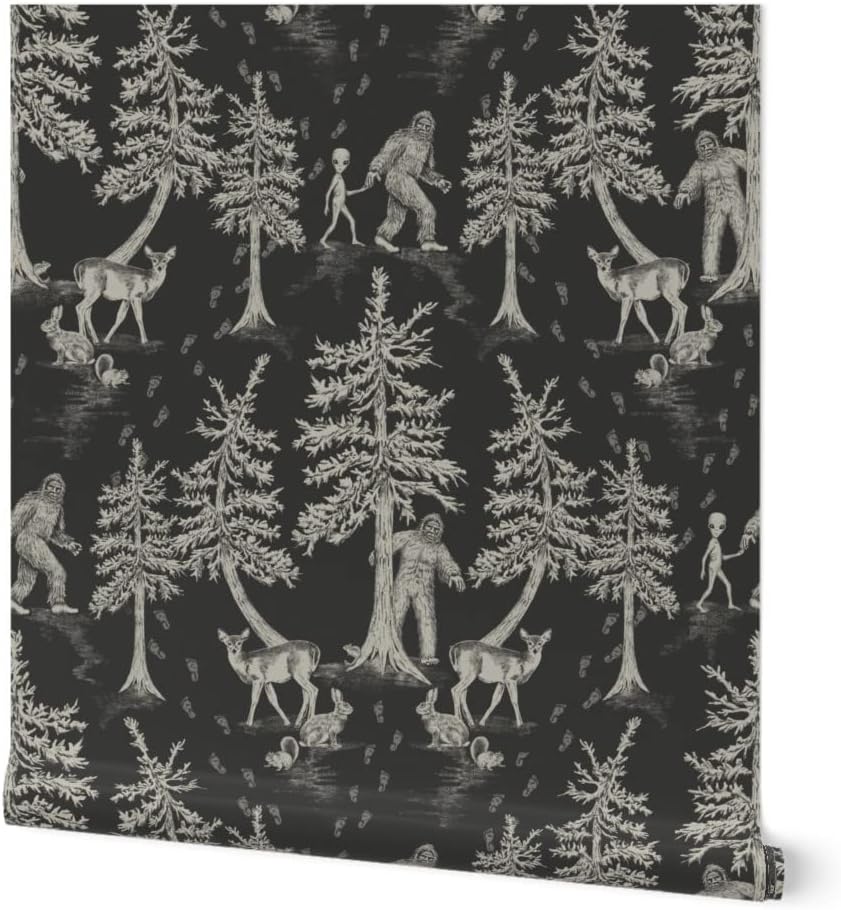Spoonflower Removable Wallpaper 12ft x 2ft - Sasquatch Cryptids Charcoal Gray Cryptozoology Aliens Custom Pre-Pasted Wallpaper