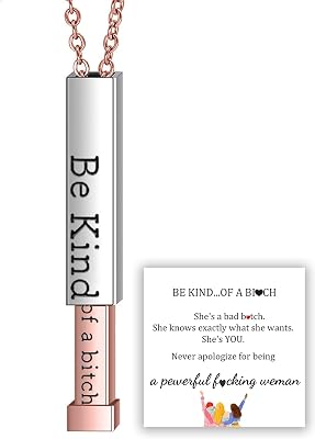 QPGVBP Be Kind...Of A Bich - Hidden Message Necklace, Be Kind of A Bitch - 3D Engraving Vertical Bar Necklace, Stainless Steel Encouragement Mantra Pendant Necklace for Women Rose