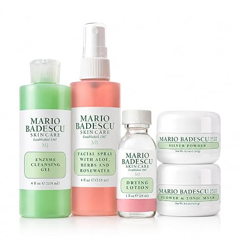 Mario Badescu Essentials 5 Piece Kit, Skincare Gift Set With Drying Lotion, Rose Water Facial Spray, Silver Powder, Enzyme Cleansing Gel and Flower & Tonic Mask
