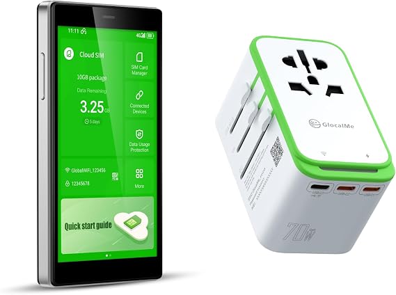 GlocalMe G4 Pro 4G LTE Mobile Hotspot Device and RoamPlug Universal Travel Adapter with 4G WiFi Mobile Hotspot, All-in-One International Power Plug Adaptor, 4 USB Ports and Max 70W Output for US EU UK