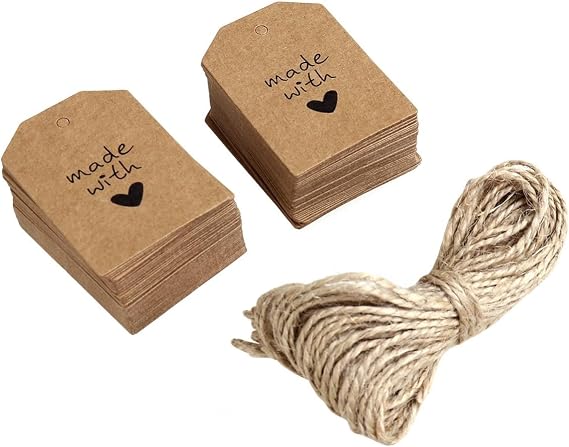 UEETEK 100pcs Made with Love Sign Paper Tag Gift Label with Twine for Wedding Party