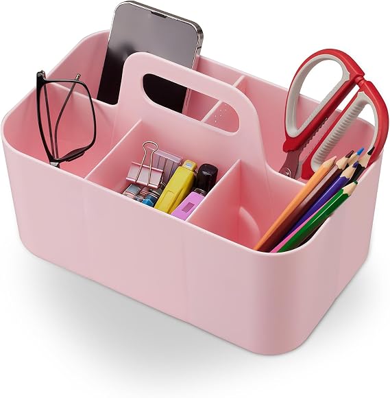 Caddy Organizer, Stackable Desk Caddy with Handle, Pink | 5 Compartments, Ideal for School, Bathroom, Office & Kitchen Cleaning