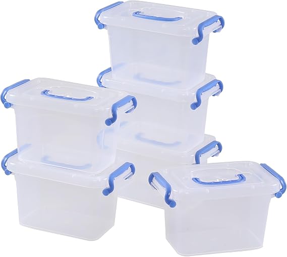 6 Packs 1.5 L Plastic Storage Boxes with Lid, Small Clear Stackable Box for Shelves, Stationery, Desk Supplies