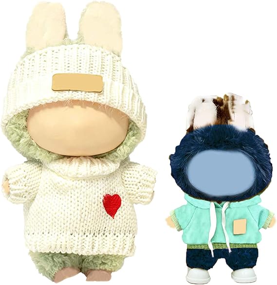 SHOUXUKE for YK-DollC-hea27rtSk 2 Pack Doll Clothes Set for 10cm & 17cm Dolls - Heart Knit Sweater and Mini Doll Sweatshirt Outfit, Kawaii White and Green Cute Dolls Outfit Accessories