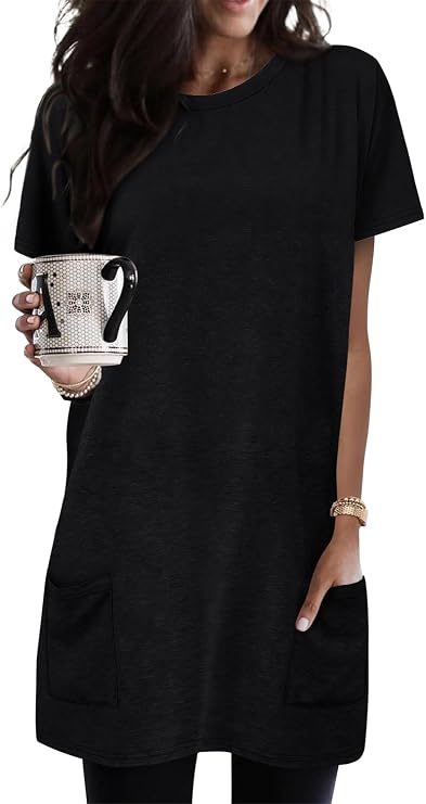 KISSMODA Womens Summer Tunic Tops for Leggings Casual Short Sleeve Long Shirts with Pockets