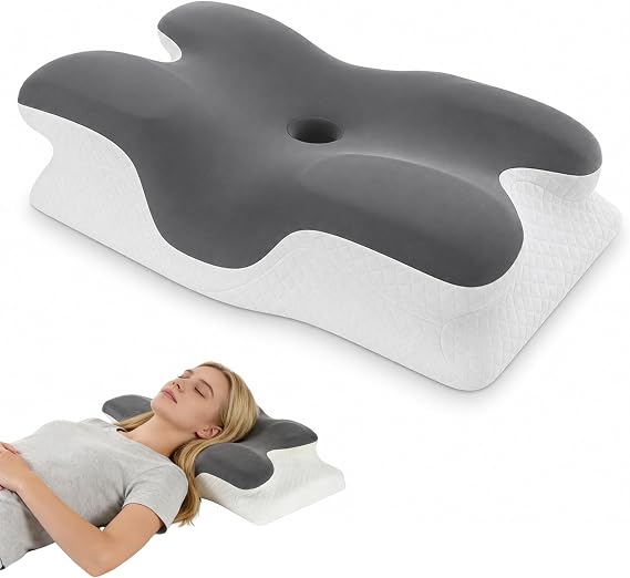 pillows for neck and shoulder pain, Orthopaedic Cervical Support, Ergonomic Groove Shape, Anti Snore Aid – Relieves Discomfort, Deep Grey